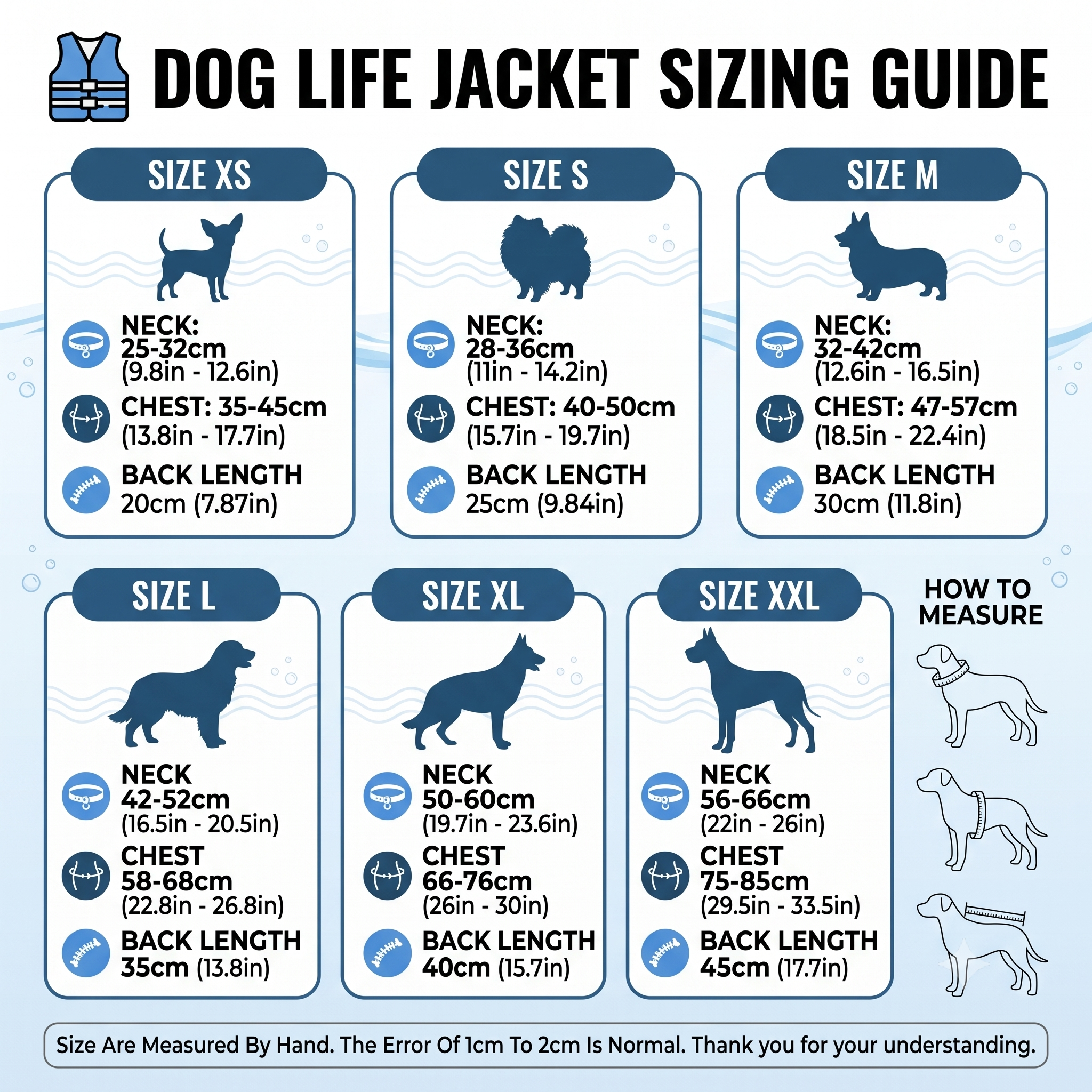 Dog Life Jacket Sizing Guide with measurements for sizes XS to XXL